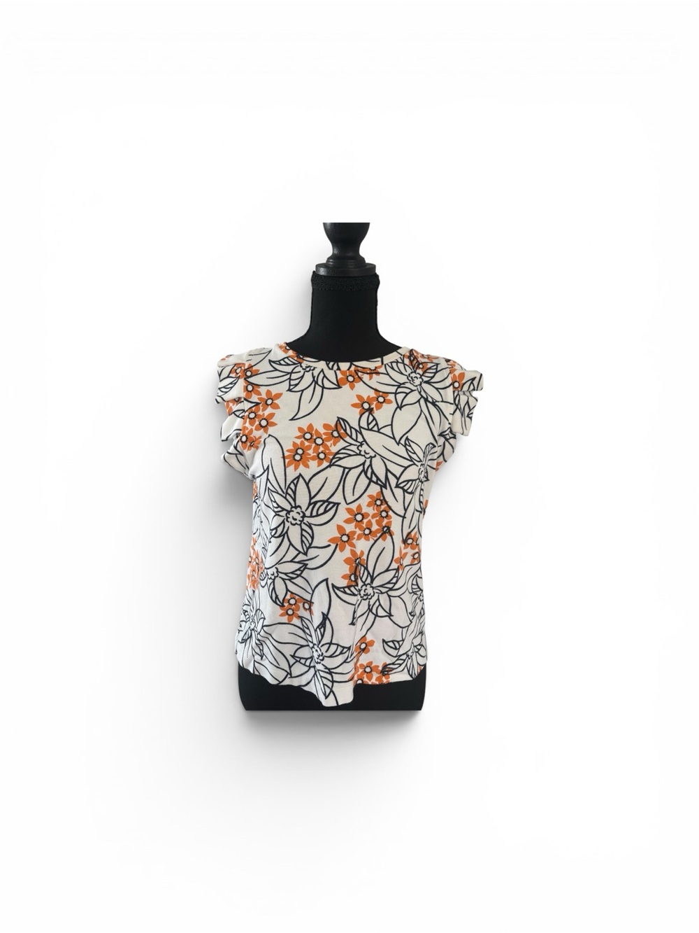 Ann Taylor White Floral Ruffle Sleeve Blouse with Orange & Black Accents